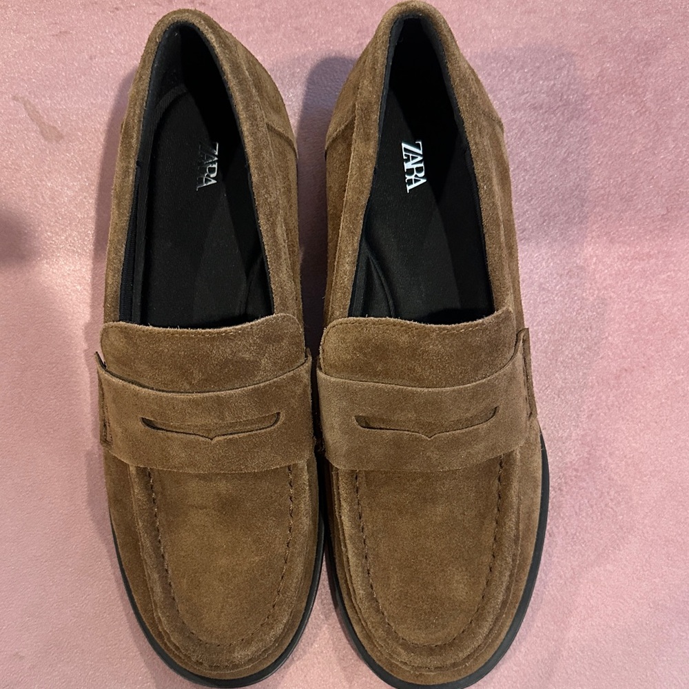 BRAND NEW Zara Brown Suede Penny Loafers SIZE 7